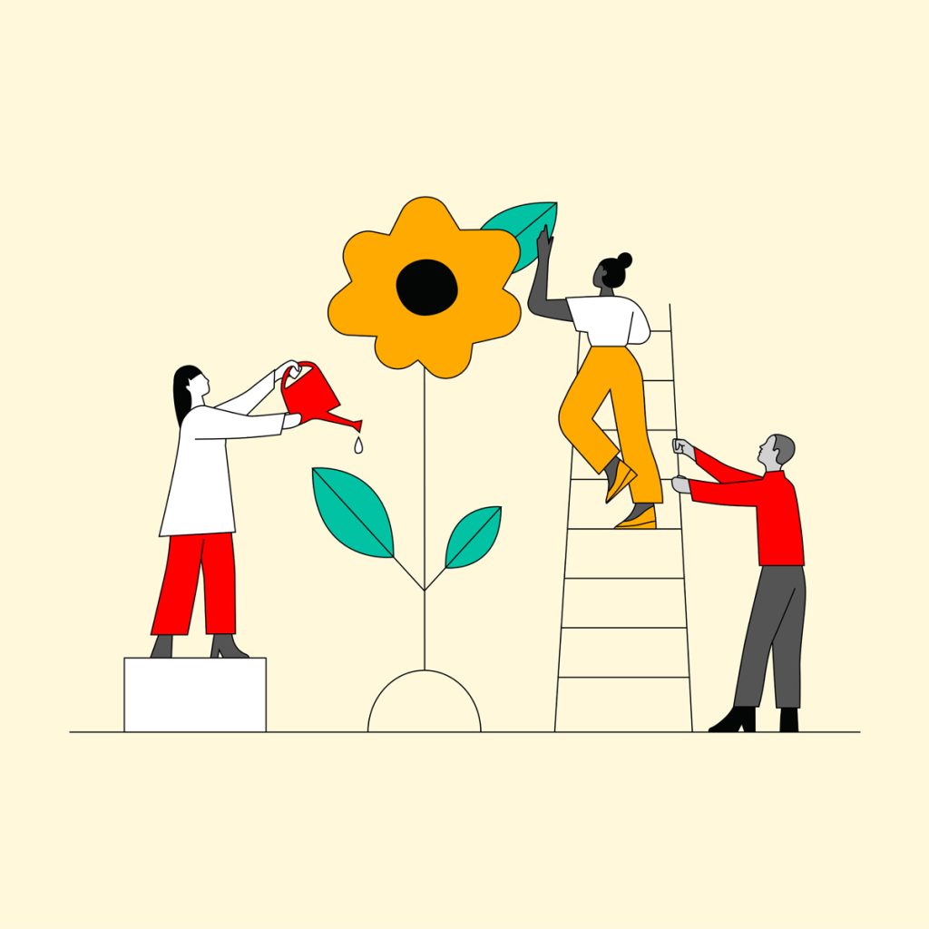 Illustration of three people tending to a garden. The first person watering a flower. The second is touching a leaf on a ladder. The third is holding the ladder steady.