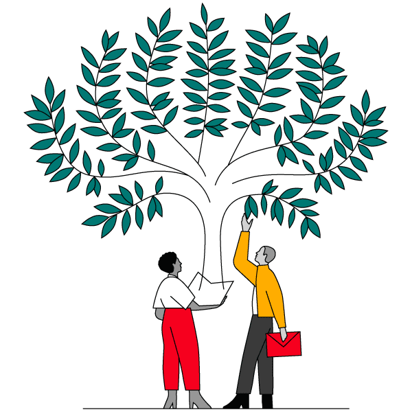 Illustration of two people standing under a leafy tree.