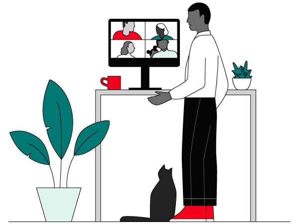 Illustration of a person standing at a desk, attending a video meeting on a computer, with a plant, coffee mug, and cat nearby.