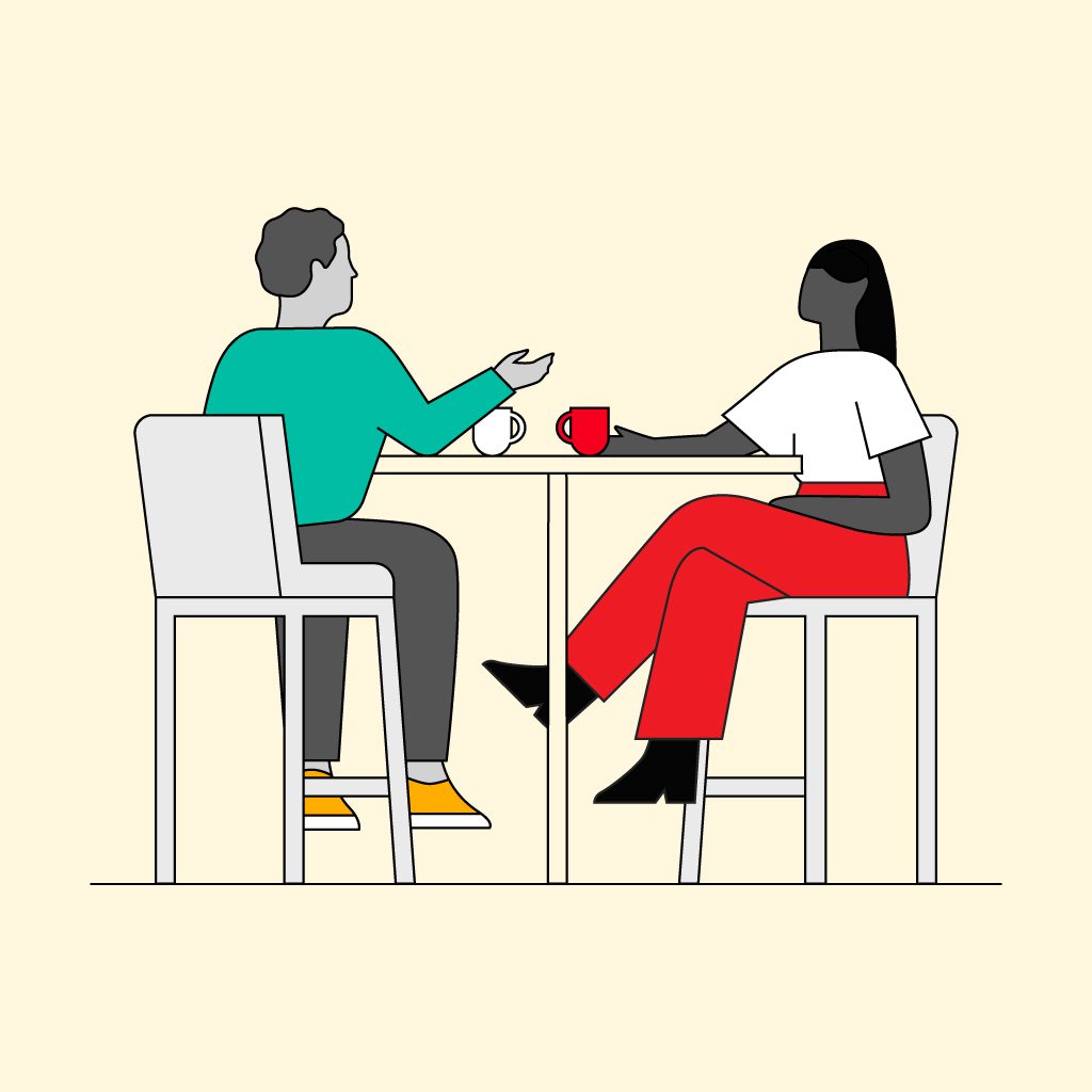 Illustrated scene of two people sitting at a small table, facing each other, and talking. One person gestures with their hand while the other listens with a coffee mug in front of them. Both sit on tall chairs with cups on the table.