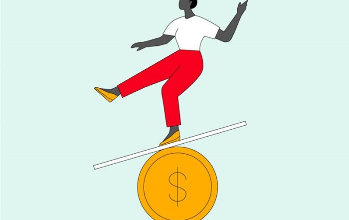 Illustration of a person balancing on a plank above a large coin with a dollar symbol.