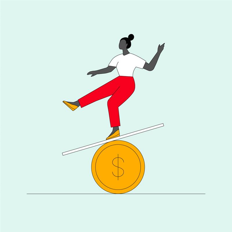 Illustration of a person balancing on a plank above a large coin with a dollar symbol.