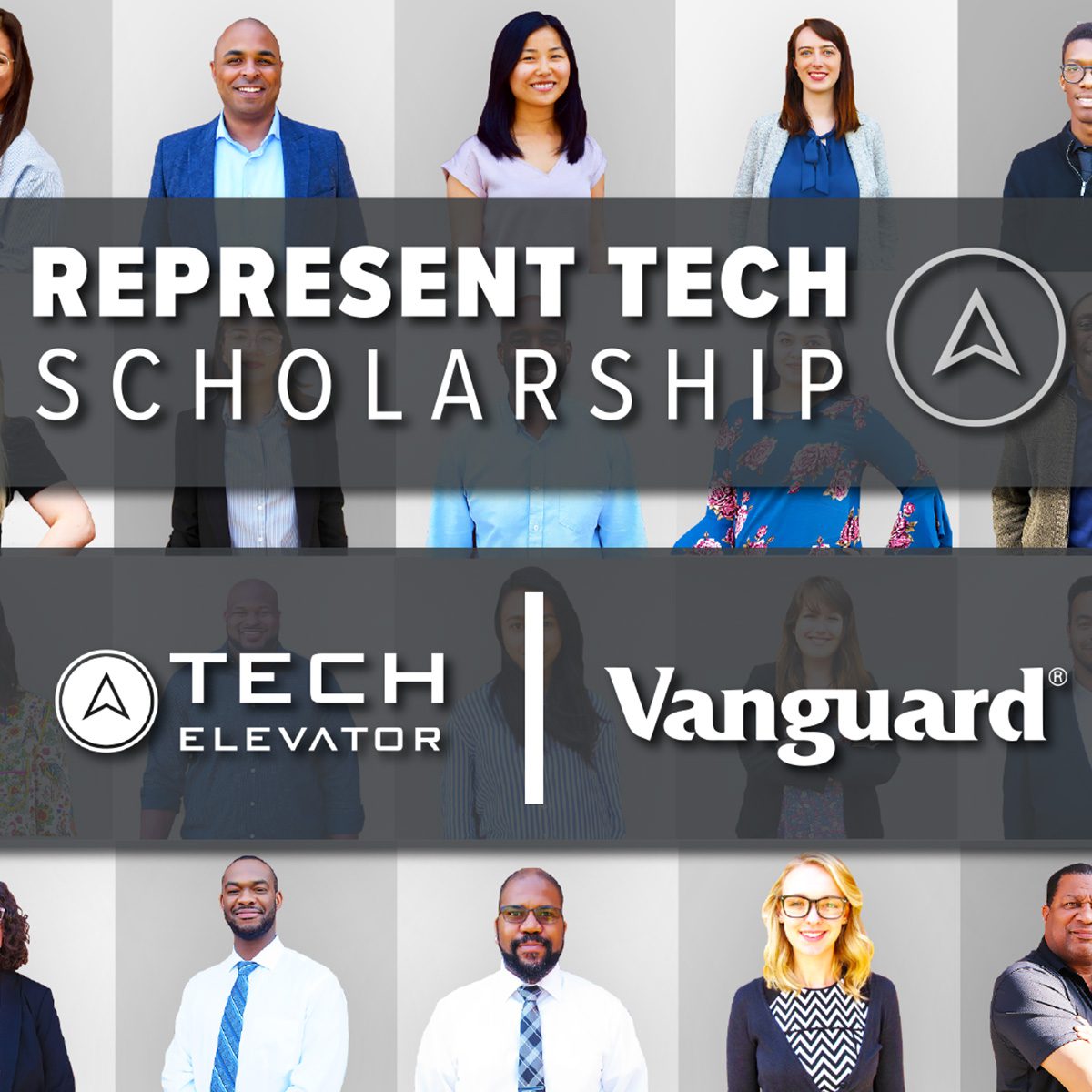 Tech Elevator and Vanguard logos with employee headshots in background