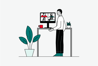 Illustration of man looking at his computer screen while standing at his desk.