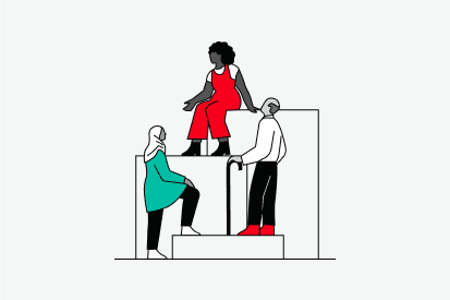 Illustration of three diverse people interacting on elevated surfaces.