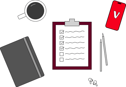 Illustration of a clipboard, mobile device, pencils, earphones, notebook and coffee.