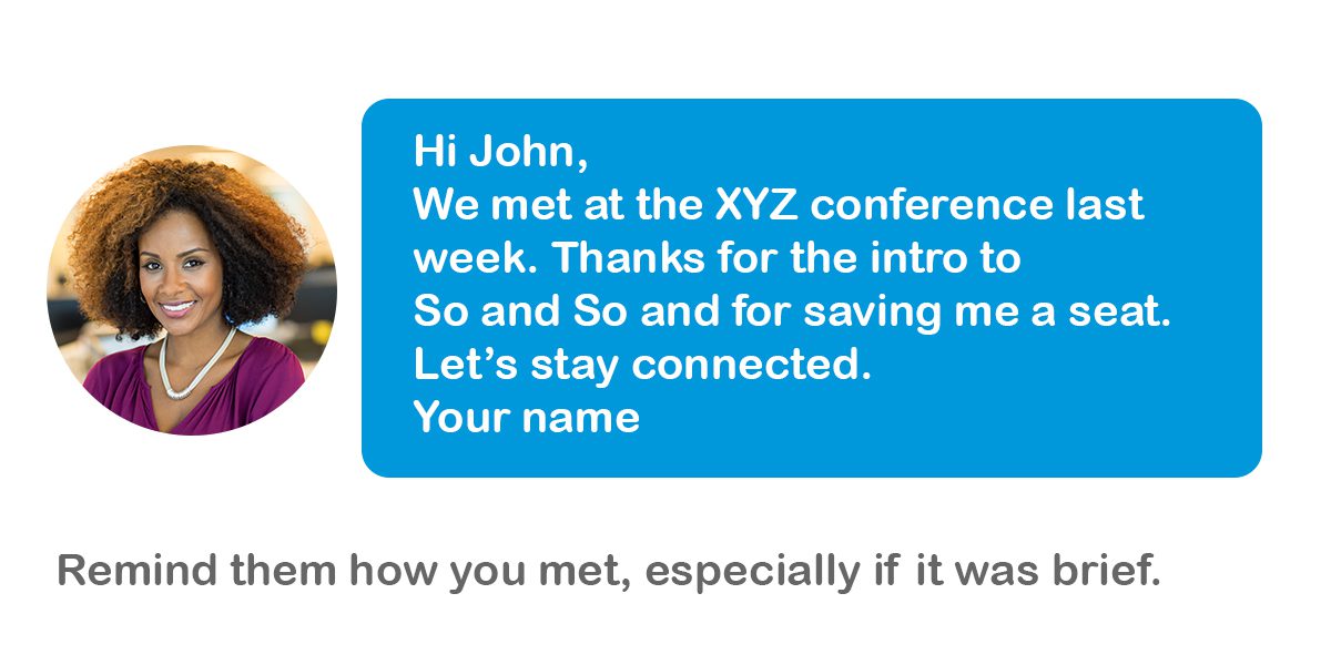 social media profile headshot of employee and a screenshot of a message that the employee sent to a new professional that they recently connected with at a conference.