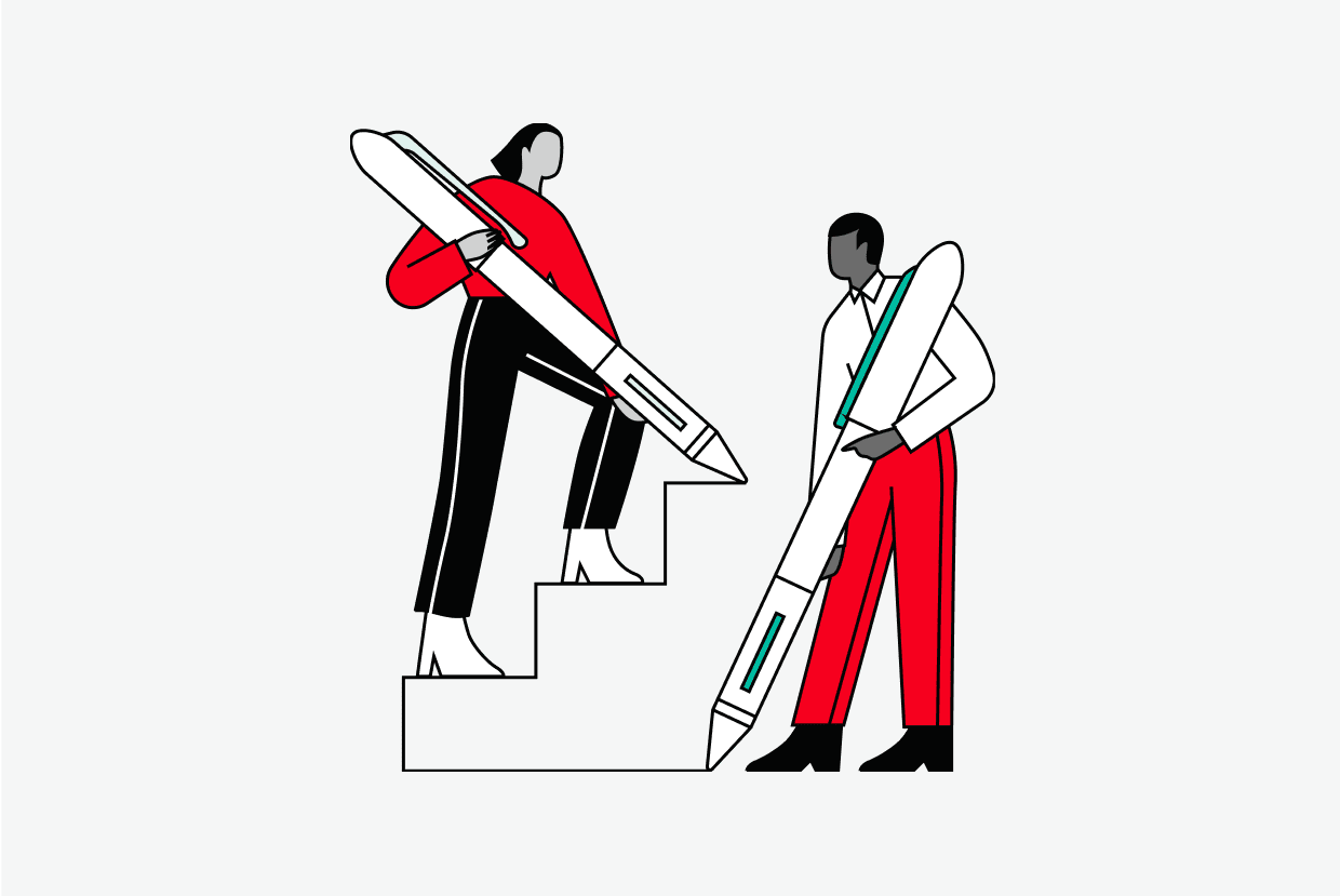Illustration of two adults drawing stairs with life-sized pens