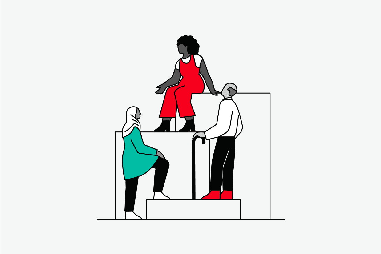 Illustration of three diverse people interacting on elevated surfaces