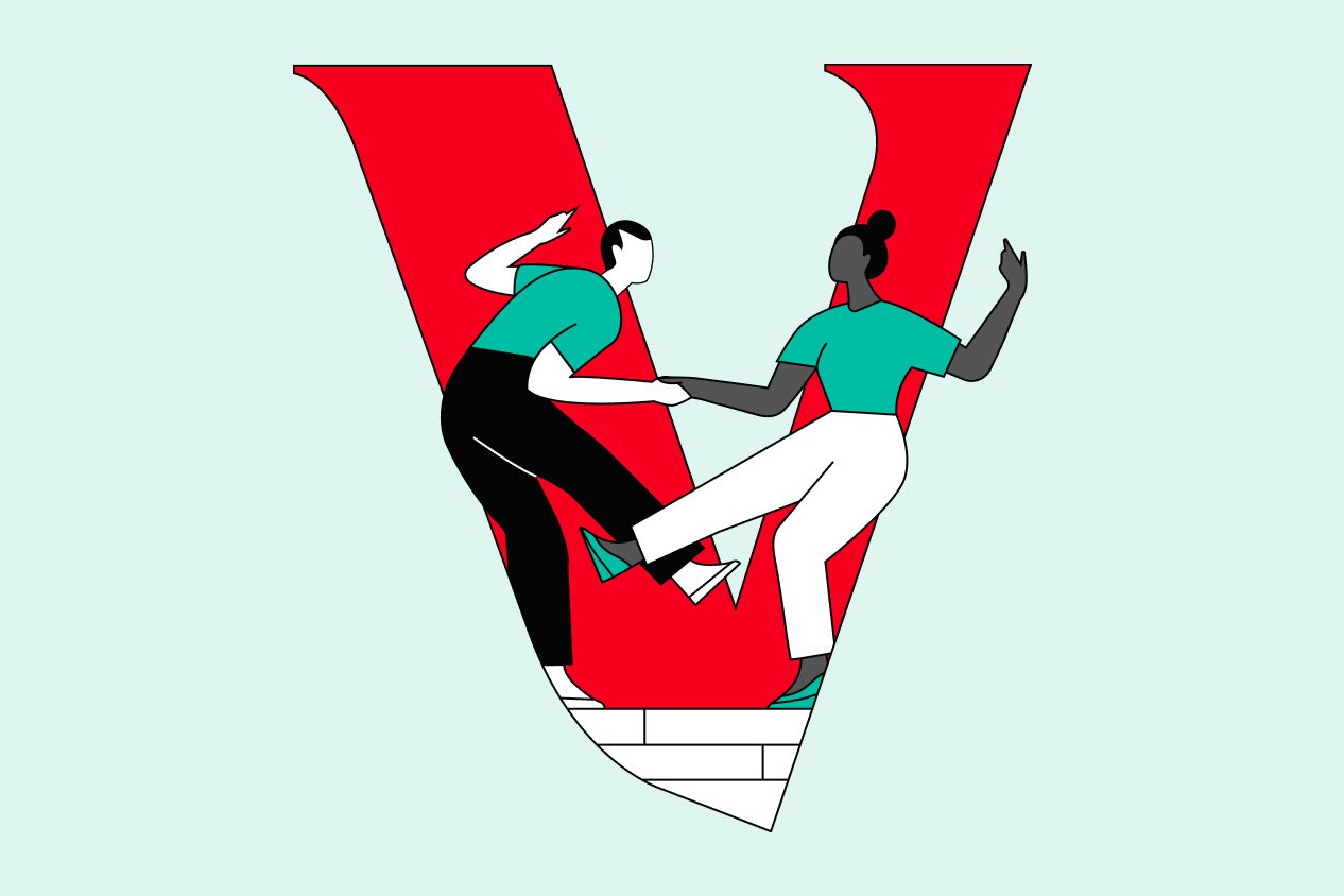 Illustration of two coworkers dancing together in celebration.