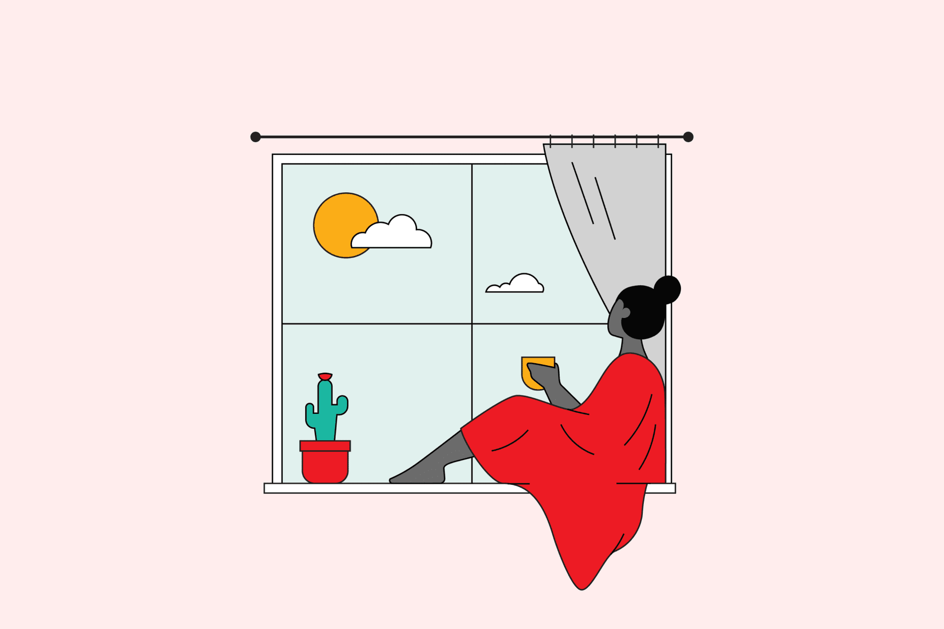 Illustration of a woman sitting in a windowsill, wrapped in a red blanket, looking peaceful and enjoying time off.