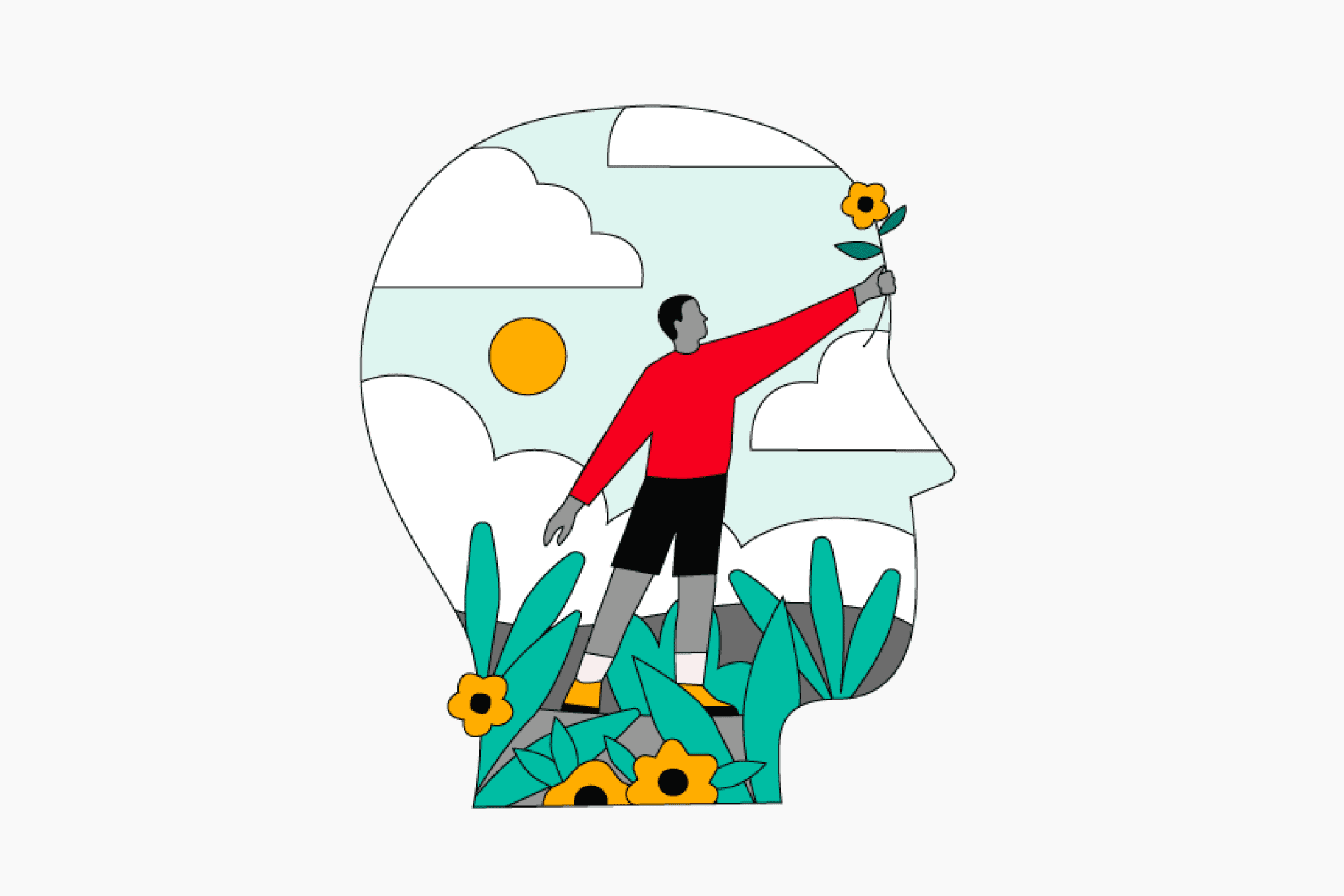 Illustration of a man in a garden holding a flower, representing mental health and wellbeing.