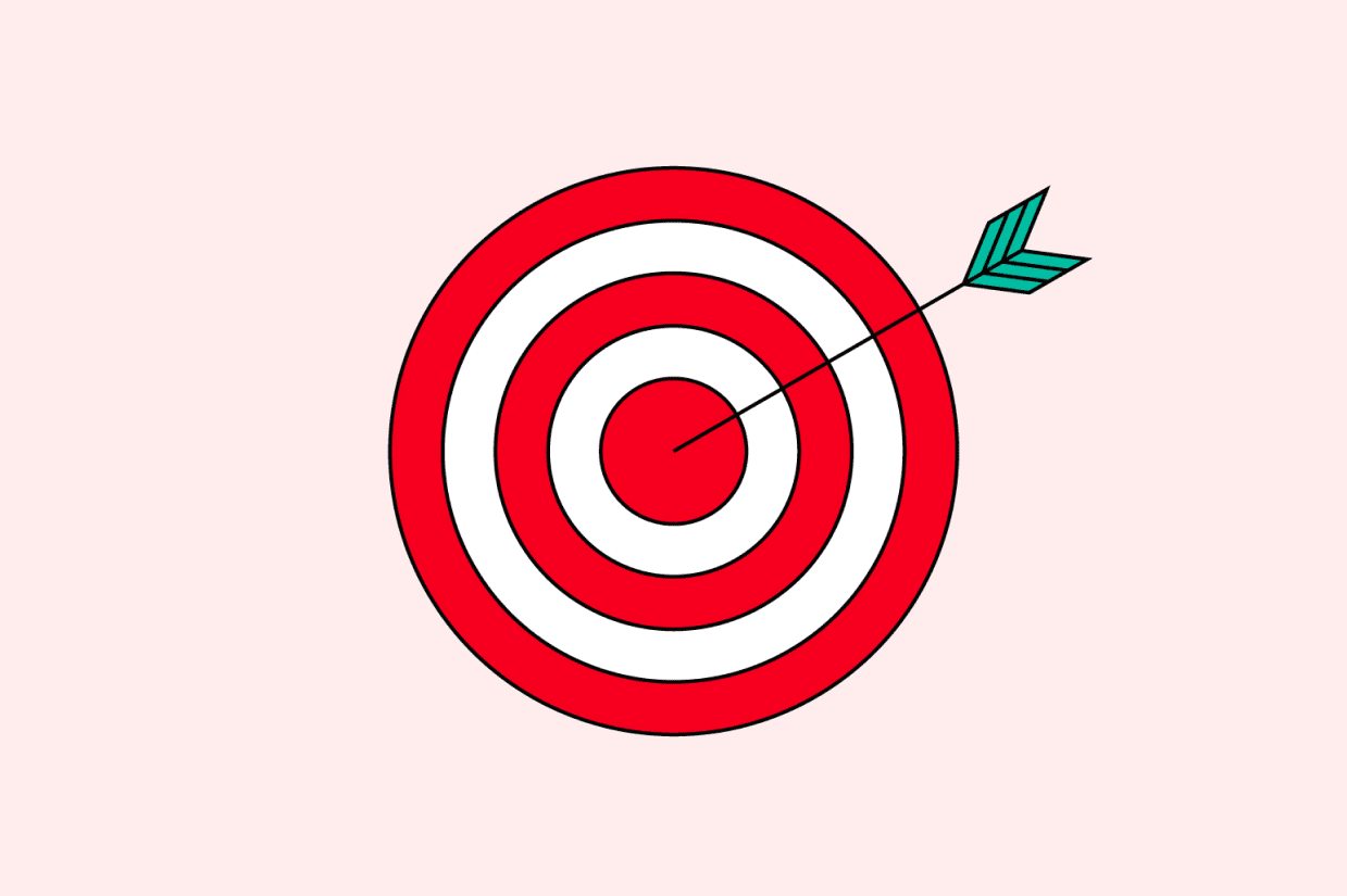 Illlustration of a red and white target with a teal arrow in the bullseye, representing impact and performance.