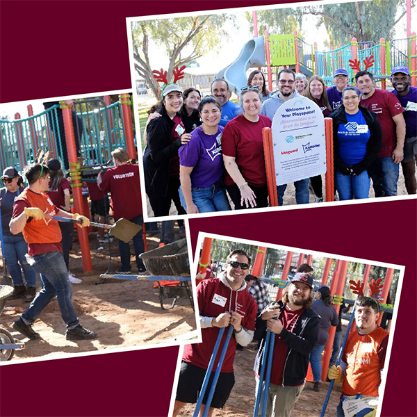 Vanguard_Social_WebContent_Jacob_M_600x600 A collage of three photos showing volunteers, including Jacob, working at a playground. The top photo features a group posing in front of a playground structure with a sign that reads "Welcome to Your Playground!". The middle photo shows a person in an orange shirt using tools while others work in the background. The bottom photo shows two people holding long blue tools, with more volunteers and playground equipment behind them.
