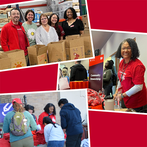 Vanguard_Social_WebContent_Marnie_A_600x600 Collage of three photos showing community service activities, including decorated food bank bags, a "Community Stewardship" table, and outdoor item distribution.