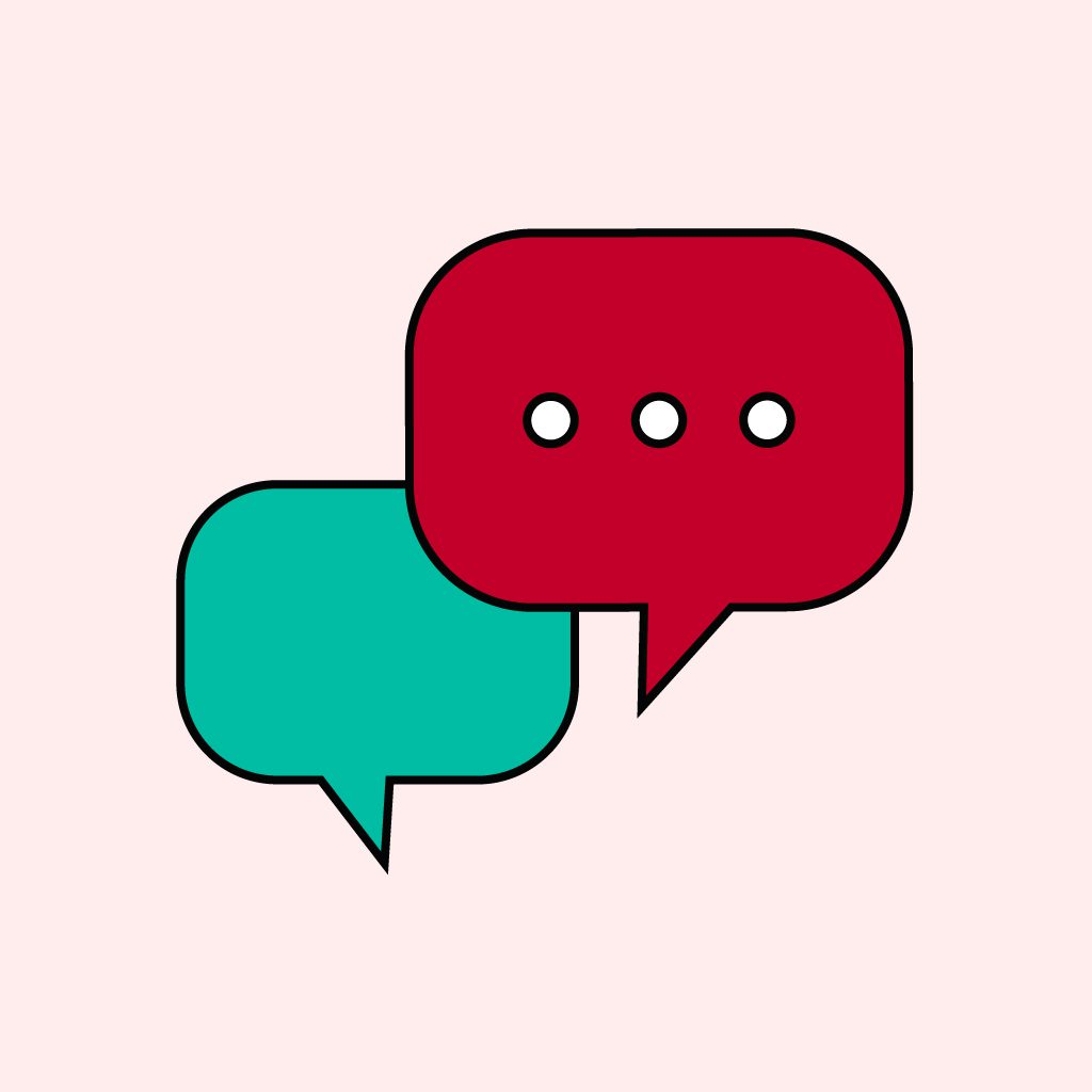 Two overlapping speech bubbles on a pale pink background. The front bubble is red with three white dots inside, and the bubble behind it is teal.