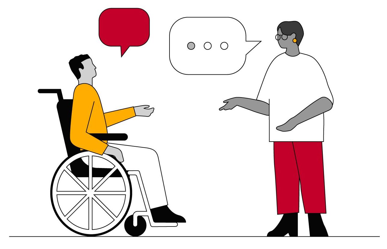 Two people conversing—one seated in a wheelchair and one standing—with speech bubbles, emphasizing communication and inclusion.