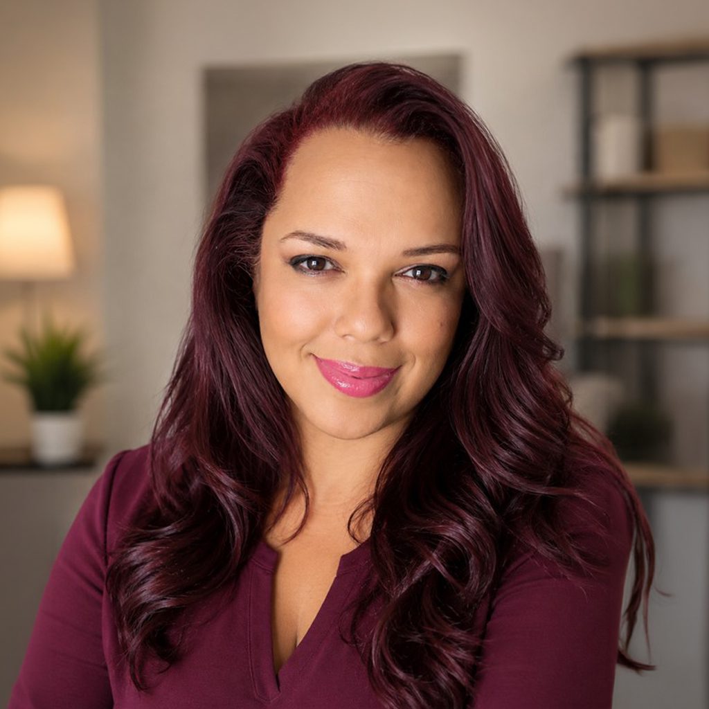 A professional headshot of a person with long, wavy dark burgundy hair wearing a burgundy V-neck top. The person is facing the camera in an indoor setting with a softly blurred background that includes a lamp, a plant, and shelving. Natural, warm lighting illuminates the portrait.